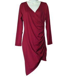 Dress Burgundy Ruched Asymmetrical Wrap Knee Length Long Sleeve Size Large